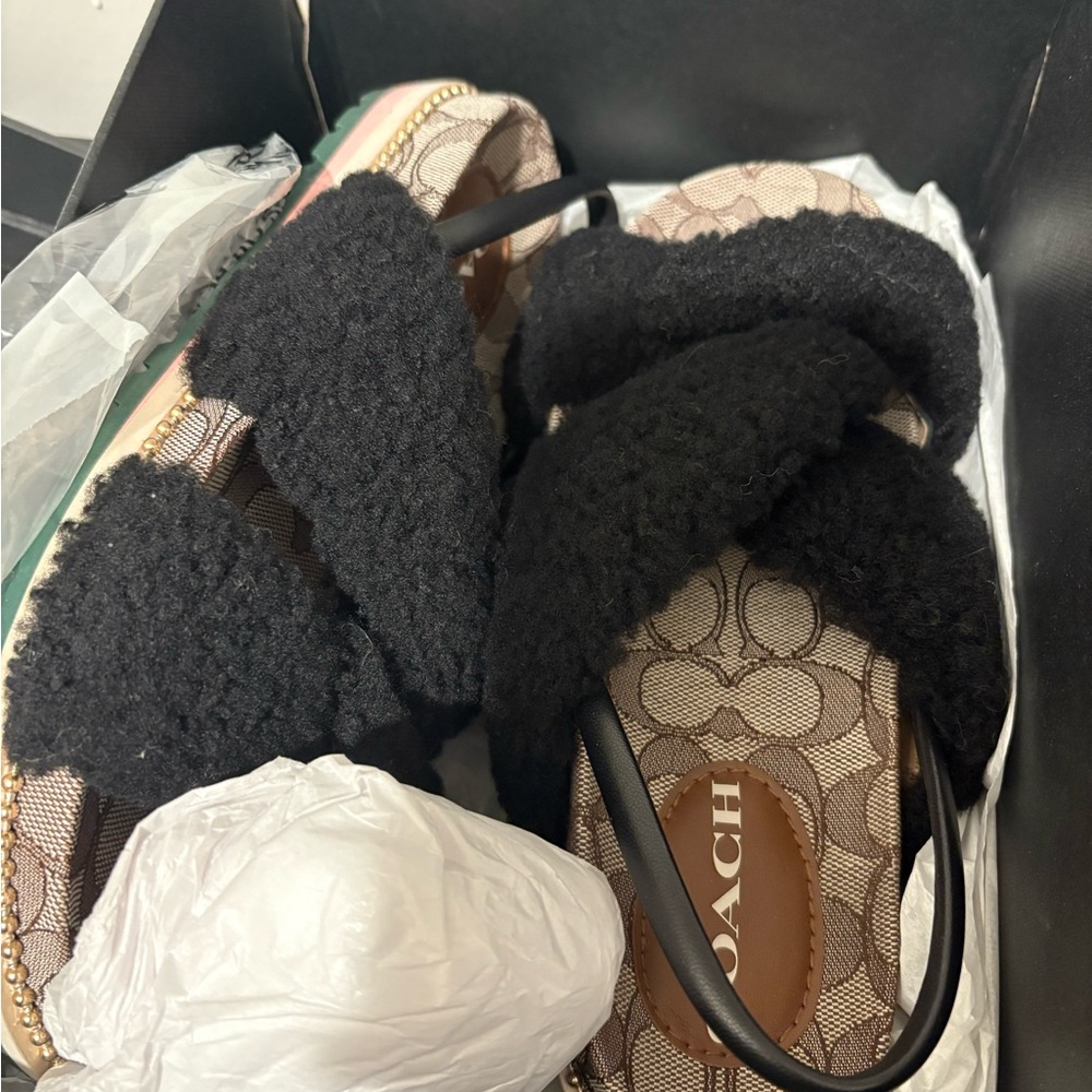 Coach Black Fuzzy Strap Sandals